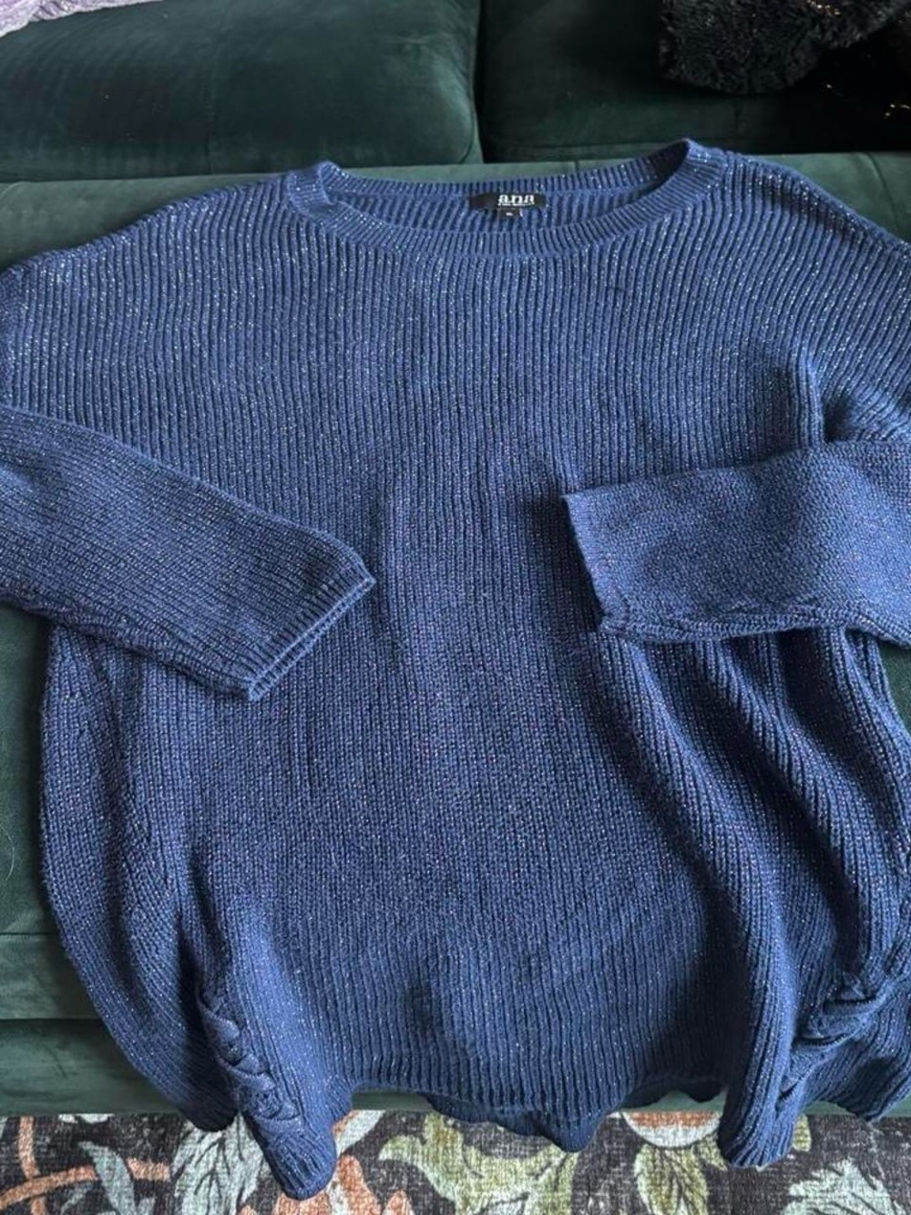 Navy Knit Sparkly Crewneck Sweater With Laceup Detail Near Hem